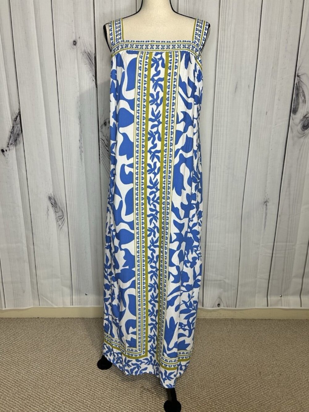 Vince Camuto Floral Border Print Smocked Back Maxi Dress Blue White Sz L Rayon